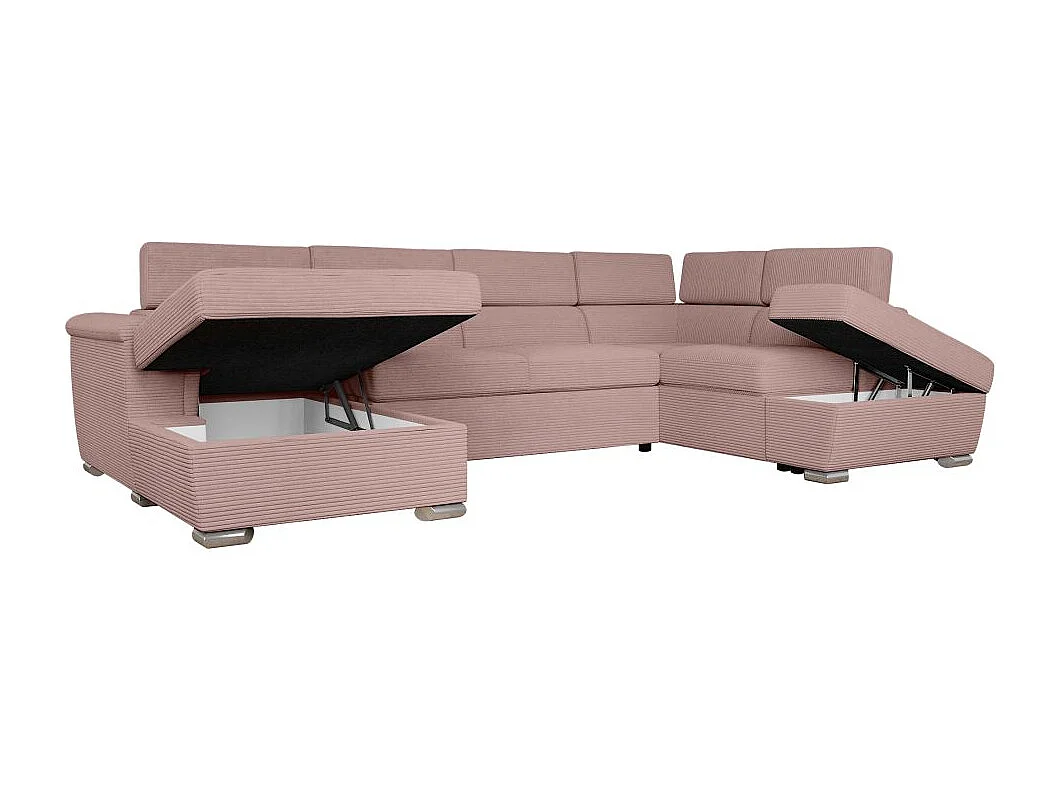 Canapé panoramique 6 places Paola convertible avec 2 coffres en velours côtelé - Rose - L320,5 x P188 x H76cm - Loungitude