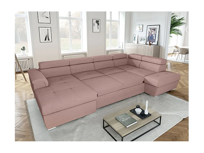 Canapé panoramique 6 places Paola convertible avec 2 coffres en velours côtelé - Rose - L320,5 x P188 x H76cm - Loungitude