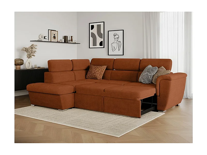 Canapé d'angle gauche 4 places Paola convertible avec coffre en velours côtelé - Terracotta - L252 x P188 x H76cm - Loungitude