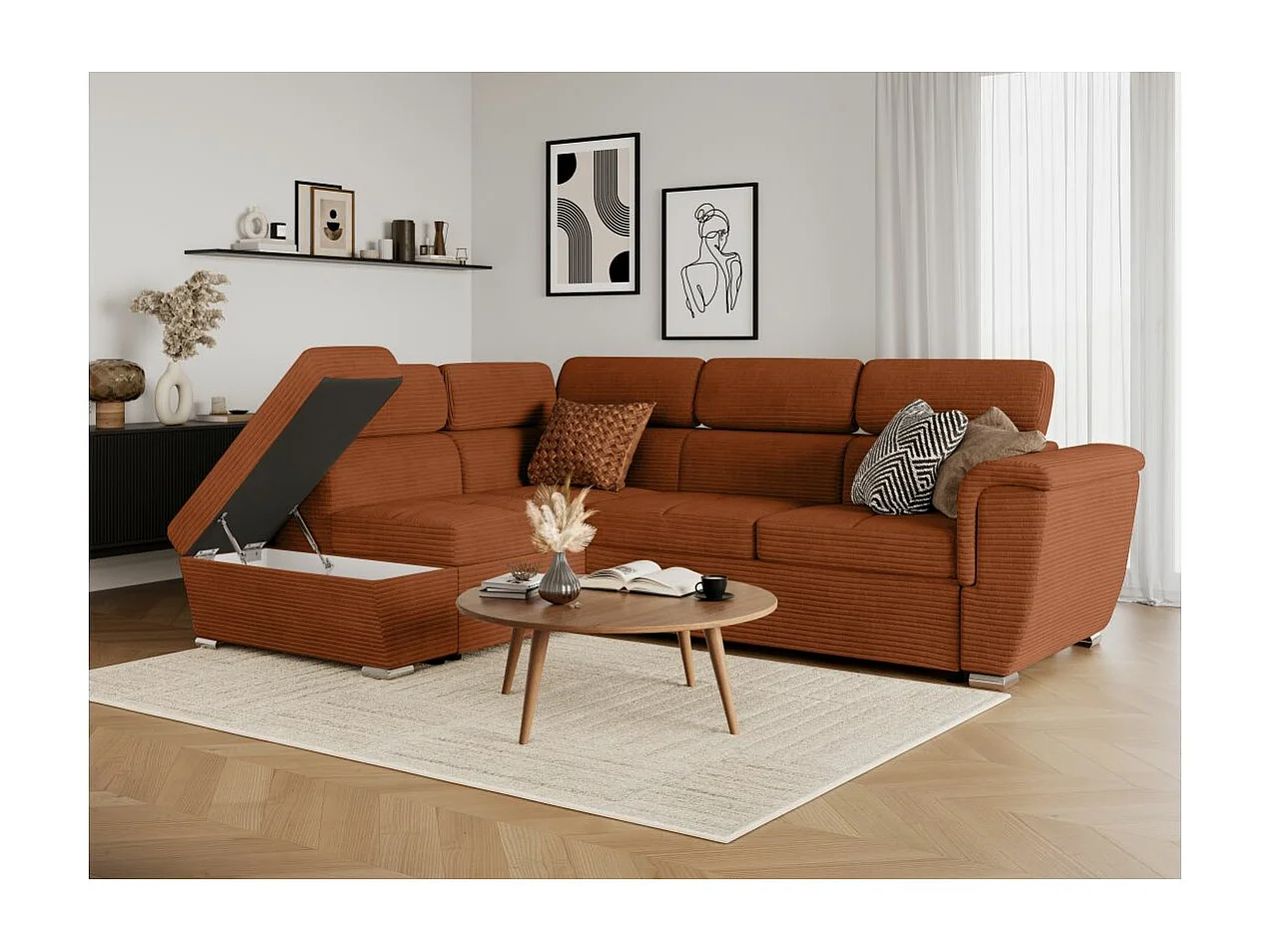 Canapé d'angle gauche 4 places Paola convertible avec coffre en velours côtelé - Terracotta - L252 x P188 x H76cm - Loungitude