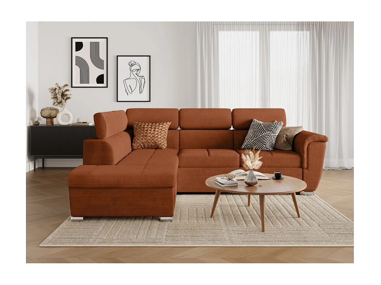 Canapé d'angle gauche 4 places Paola convertible avec coffre en velours côtelé - Terracotta - L252 x P188 x H76cm - Loungitude