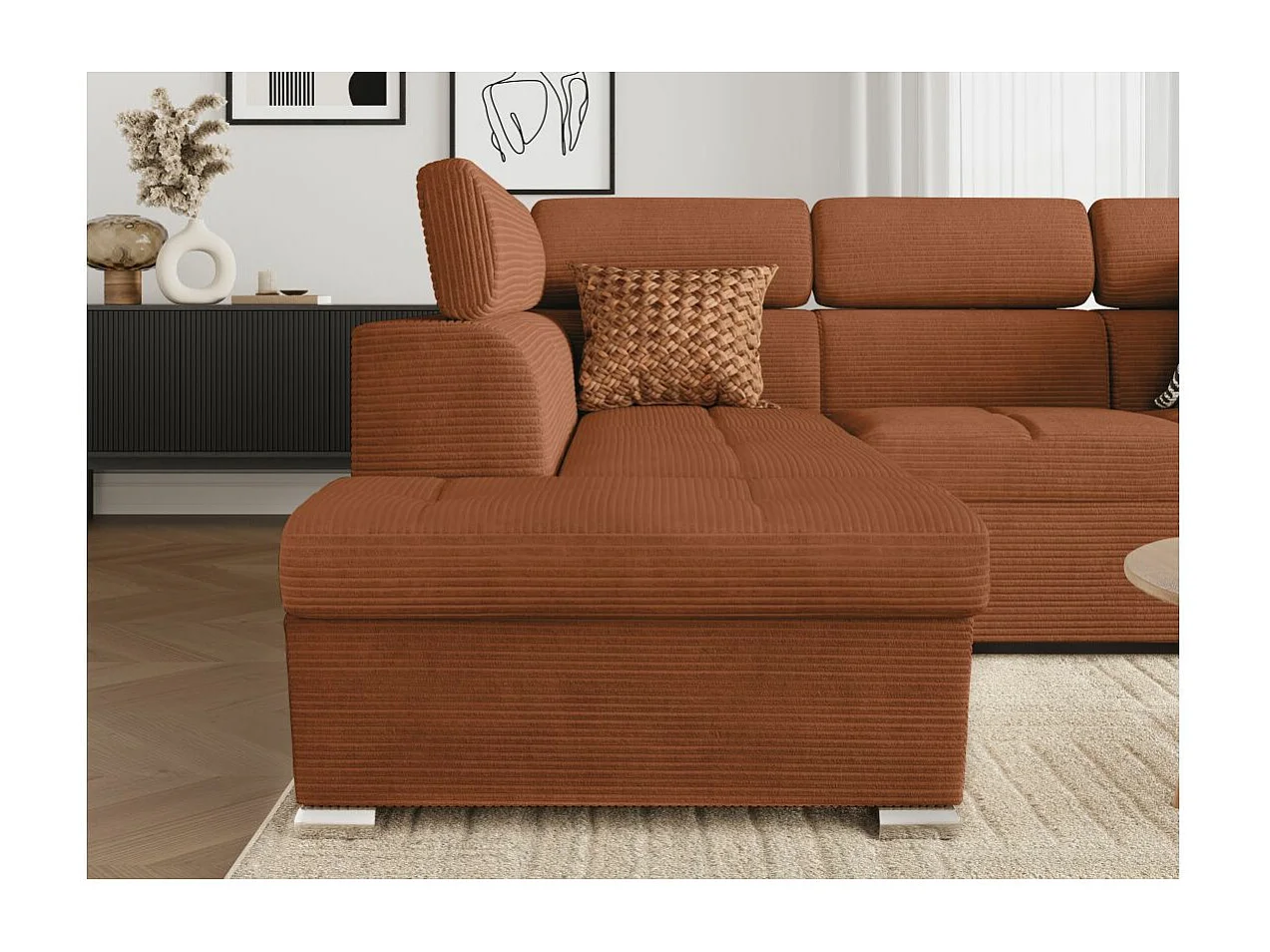 Canapé d'angle gauche 4 places Paola convertible avec coffre en velours côtelé - Terracotta - L252 x P188 x H76cm - Loungitude