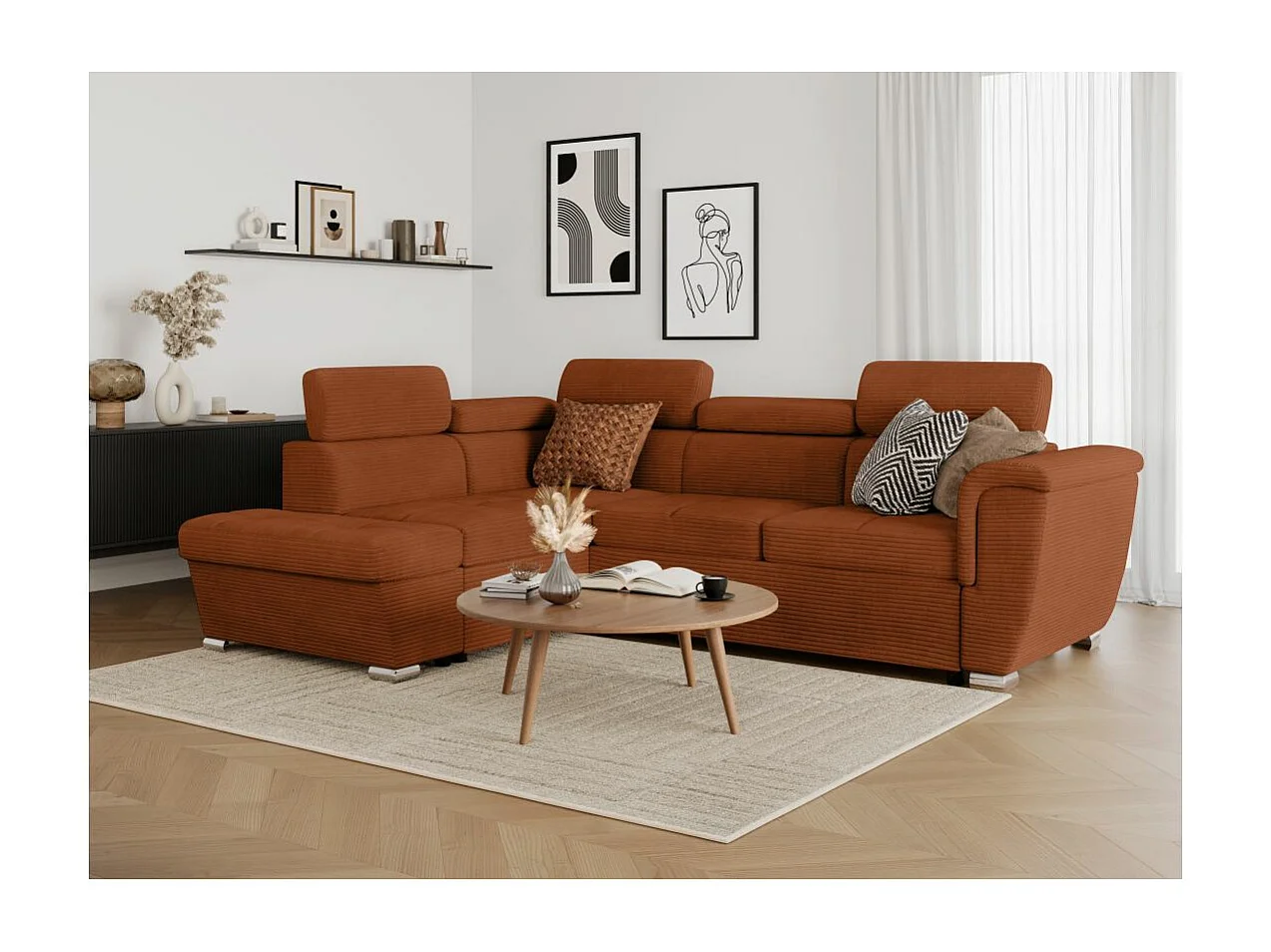 Canapé d'angle gauche 4 places Paola convertible avec coffre en velours côtelé - Terracotta - L252 x P188 x H76cm - Loungitude