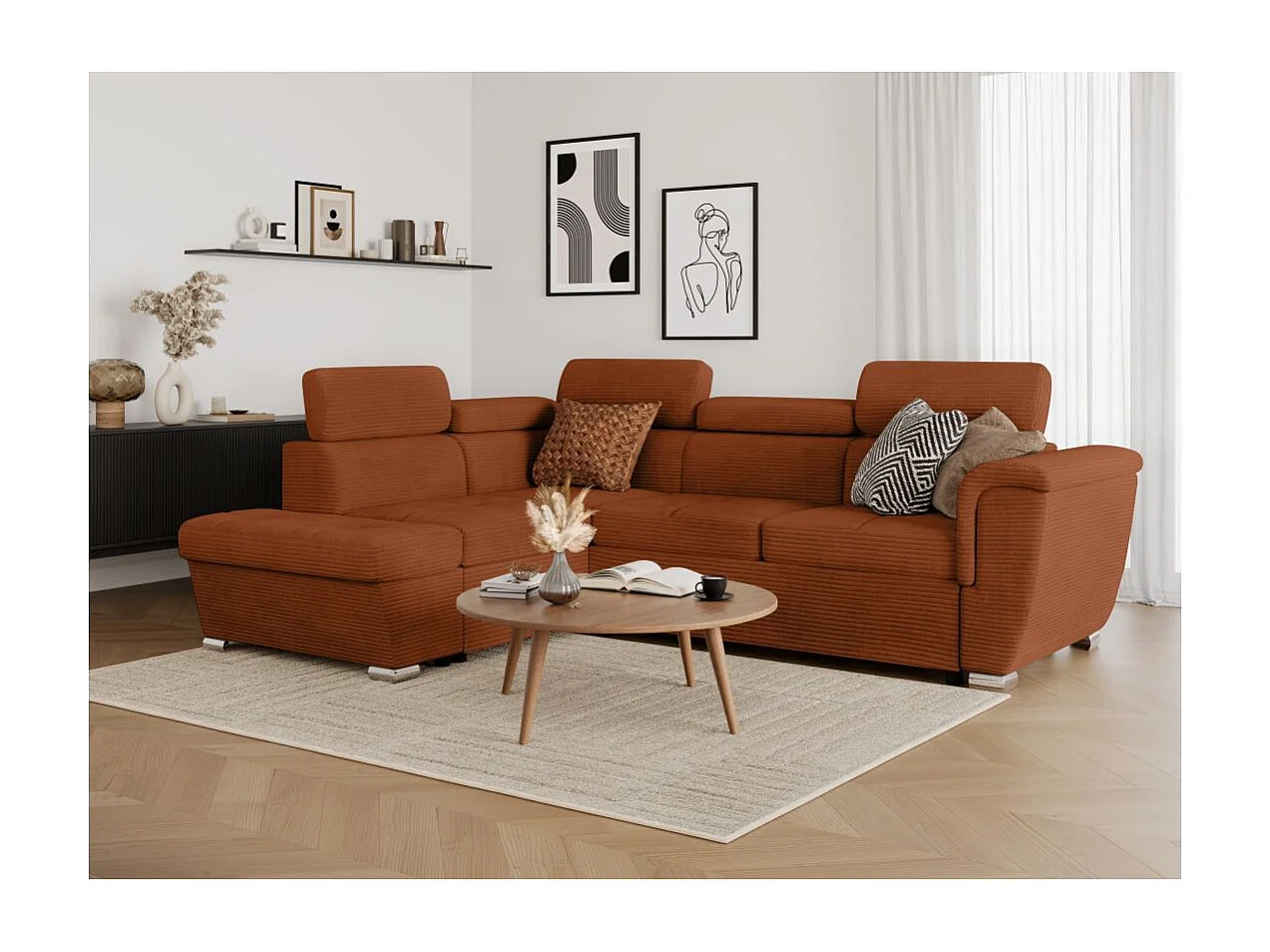 Canapé d'angle gauche 4 places Paola convertible avec coffre en velours côtelé - Terracotta - L252 x P188 x H76cm - Loungitude