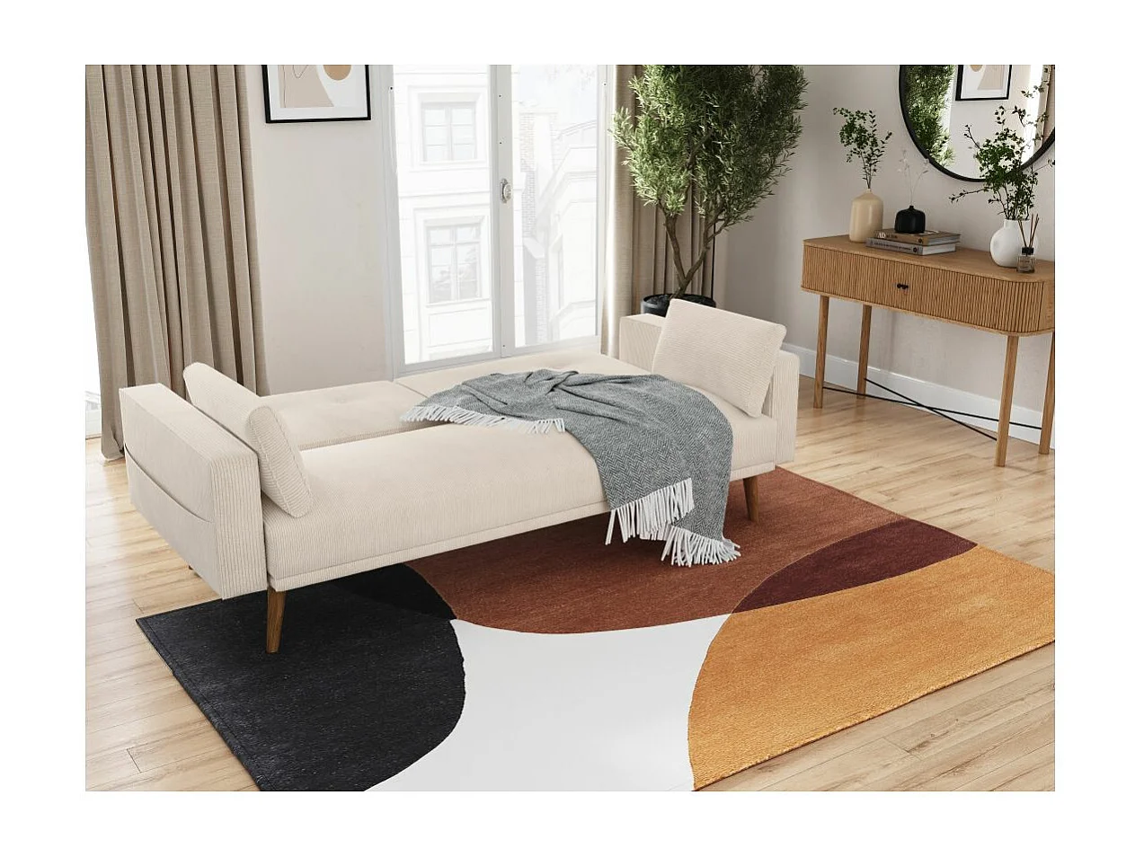 Canapé droit scandinave Elga convertible 3 places en velours côtelé - Beige - L205 x P85 x H87cm - Loungitude