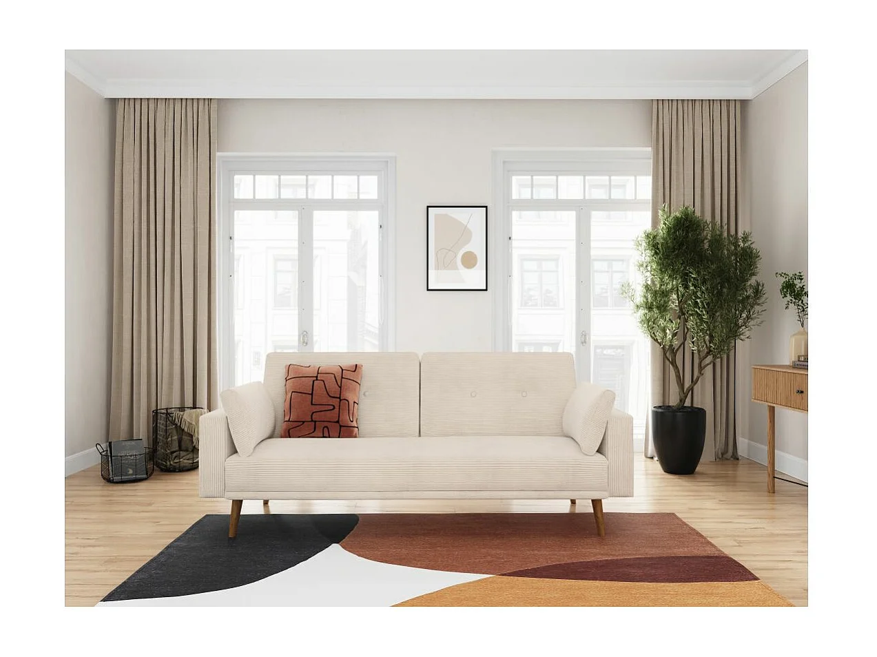 Canapé droit scandinave Elga convertible 3 places en velours côtelé - Beige - L205 x P85 x H87cm - Loungitude