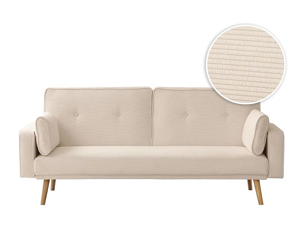 Canapé droit scandinave Elga convertible 3 places en velours côtelé - Beige - L205 x P85 x H87cm - Loungitude