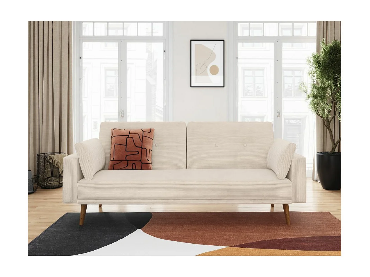 Canapé droit scandinave Elga convertible 3 places en velours côtelé - Beige - L205 x P85 x H87cm - Loungitude