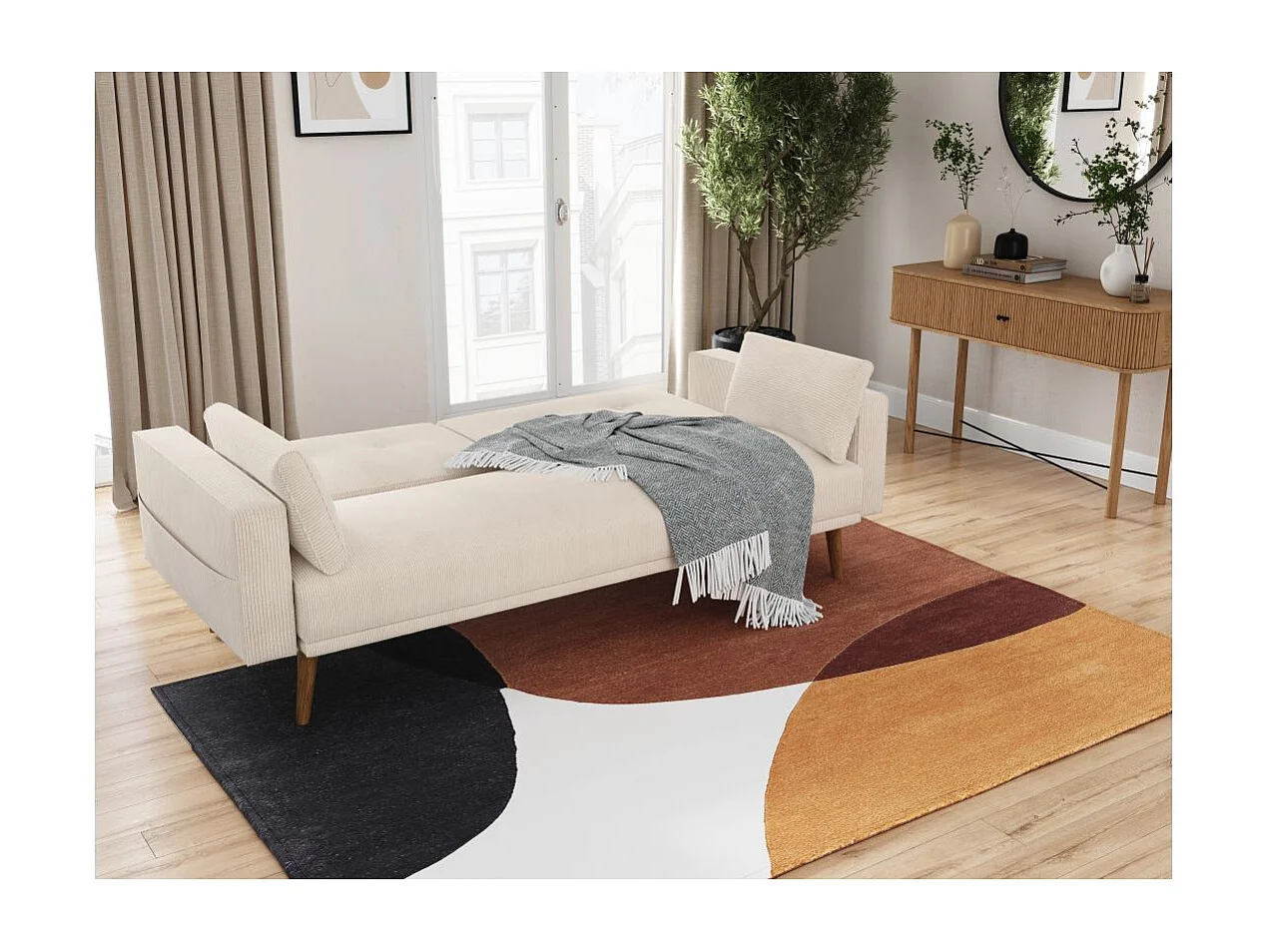 Canapé convertible clic-clac 3 places en velours beige ELGA 205x85x87 cm