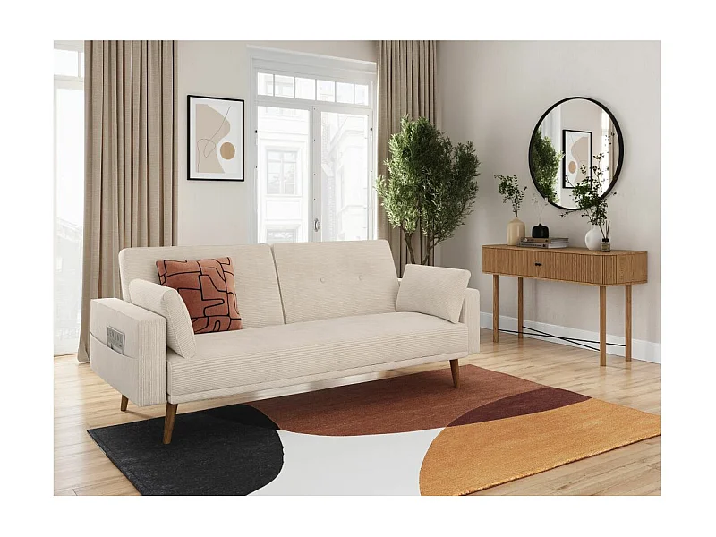 Canapé droit scandinave Elga convertible 3 places en velours côtelé - Beige - L205 x P85 x H87cm - Loungitude