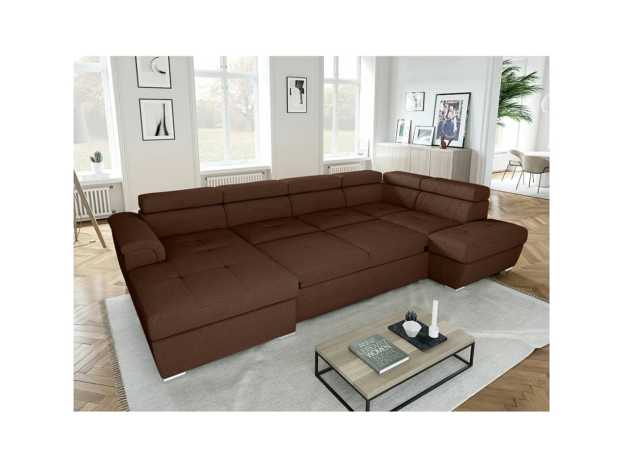 Canapé panoramique 6 places Paola convertible avec 2 coffres en velours côtelé - Marron - L320,5 x P188 x H76cm - Loungitude
