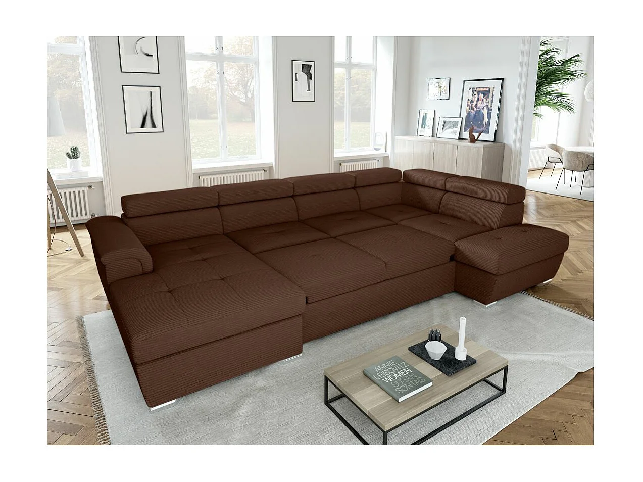 Canapé panoramique 6 places Paola convertible avec 2 coffres en velours côtelé - Marron - L320,5 x P188 x H76cm - Loungitude