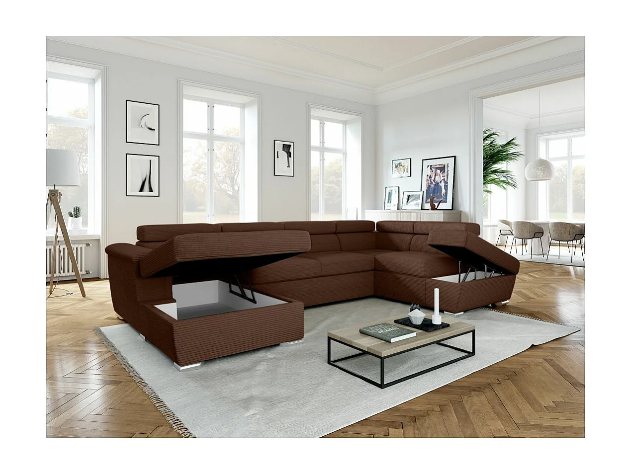Canapé panoramique 6 places Paola convertible avec 2 coffres en velours côtelé - Marron - L320,5 x P188 x H76cm - Loungitude