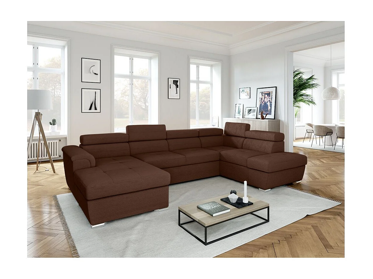 Canapé panoramique 6 places Paola convertible avec 2 coffres en velours côtelé - Marron - L320,5 x P188 x H76cm - Loungitude
