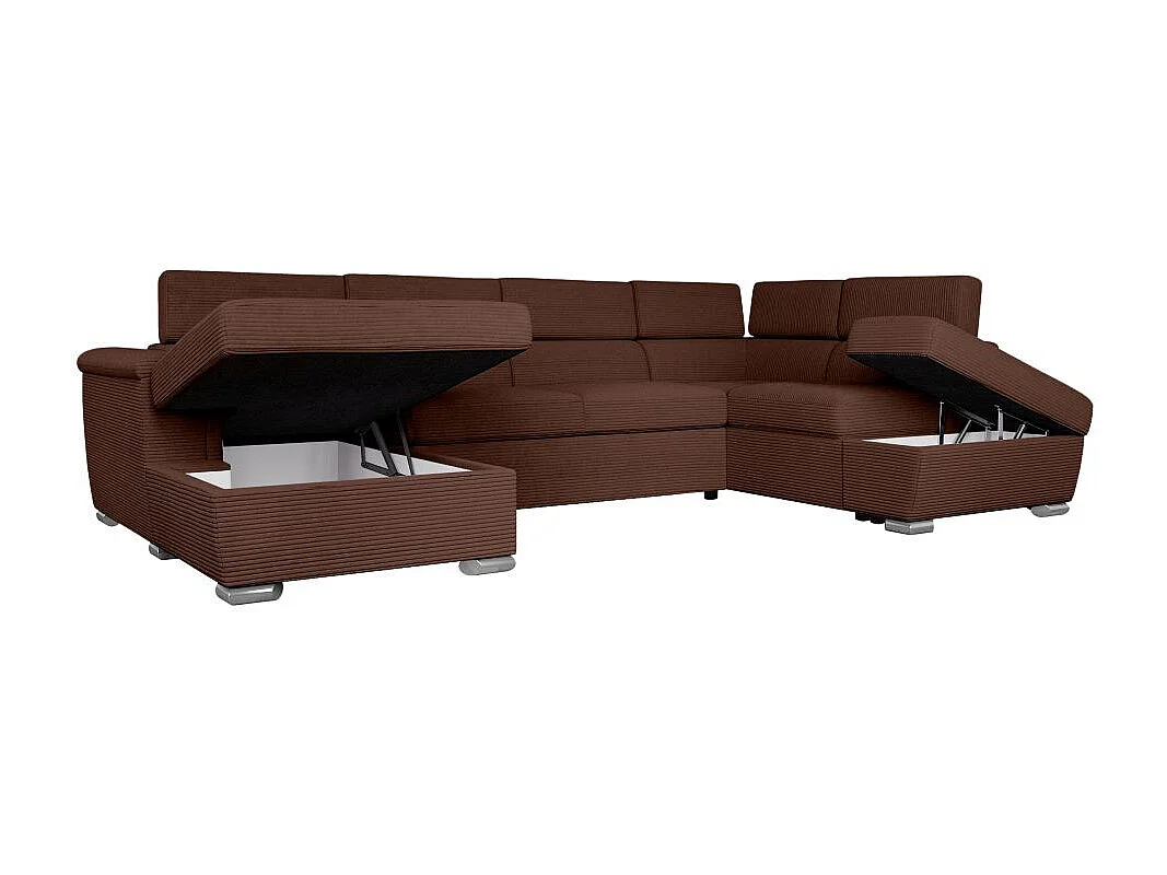 Canapé panoramique 6 places Paola convertible avec 2 coffres en velours côtelé - Marron - L320,5 x P188 x H76cm - Loungitude