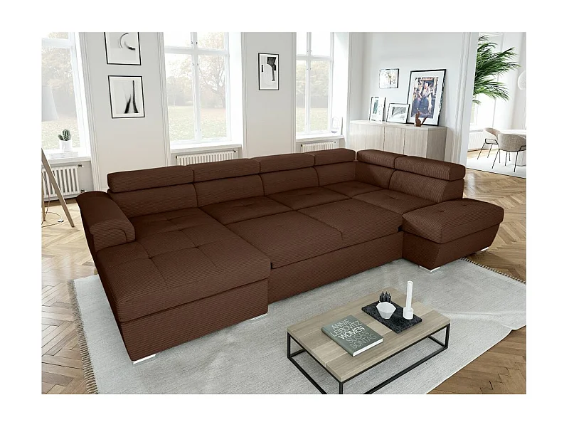 Canapé panoramique 6 places Paola convertible avec 2 coffres en velours côtelé - Marron - L320,5 x P188 x H76cm - Loungitude