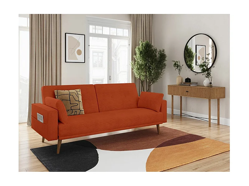 Canapé droit scandinave Elga convertible 3 places en velours côtelé - Terracotta - L205 x P85 x H87cm - Loungitude
