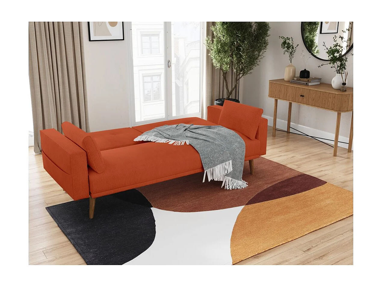 Canapé droit scandinave Elga convertible 3 places en velours côtelé - Terracotta - L205 x P85 x H87cm - Loungitude