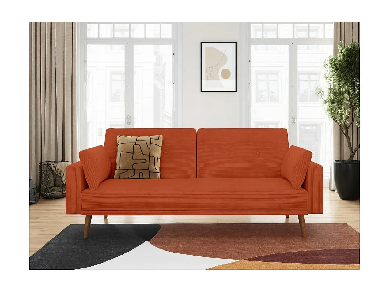 Canapé droit scandinave Elga convertible 3 places en velours côtelé - Terracotta - L205 x P85 x H87cm - Loungitude