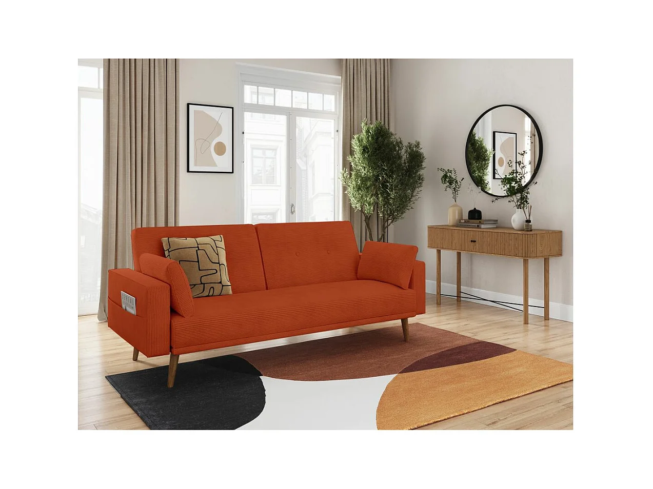 Canapé droit scandinave Elga convertible 3 places en velours côtelé - Terracotta - L205 x P85 x H87cm - Loungitude