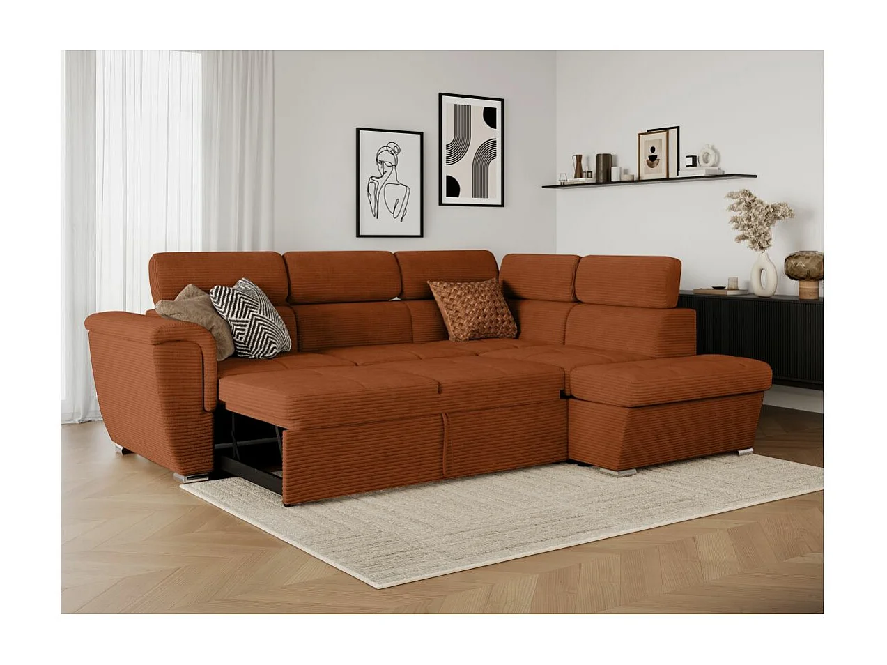 Canapé d'angle droit 4 places Paola convertible avec coffre en velours côtelé - Terracotta - L252 x P188 x H76cm - Loungitude