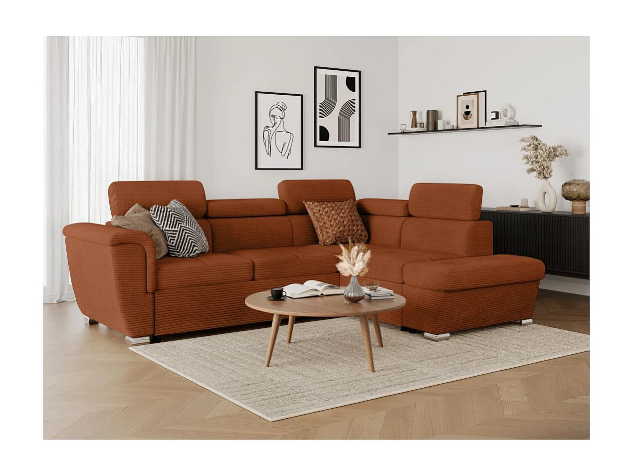 Canapé d'angle droit 4 places Paola convertible avec coffre en velours côtelé - Terracotta - L252 x P188 x H76cm - Loungitude