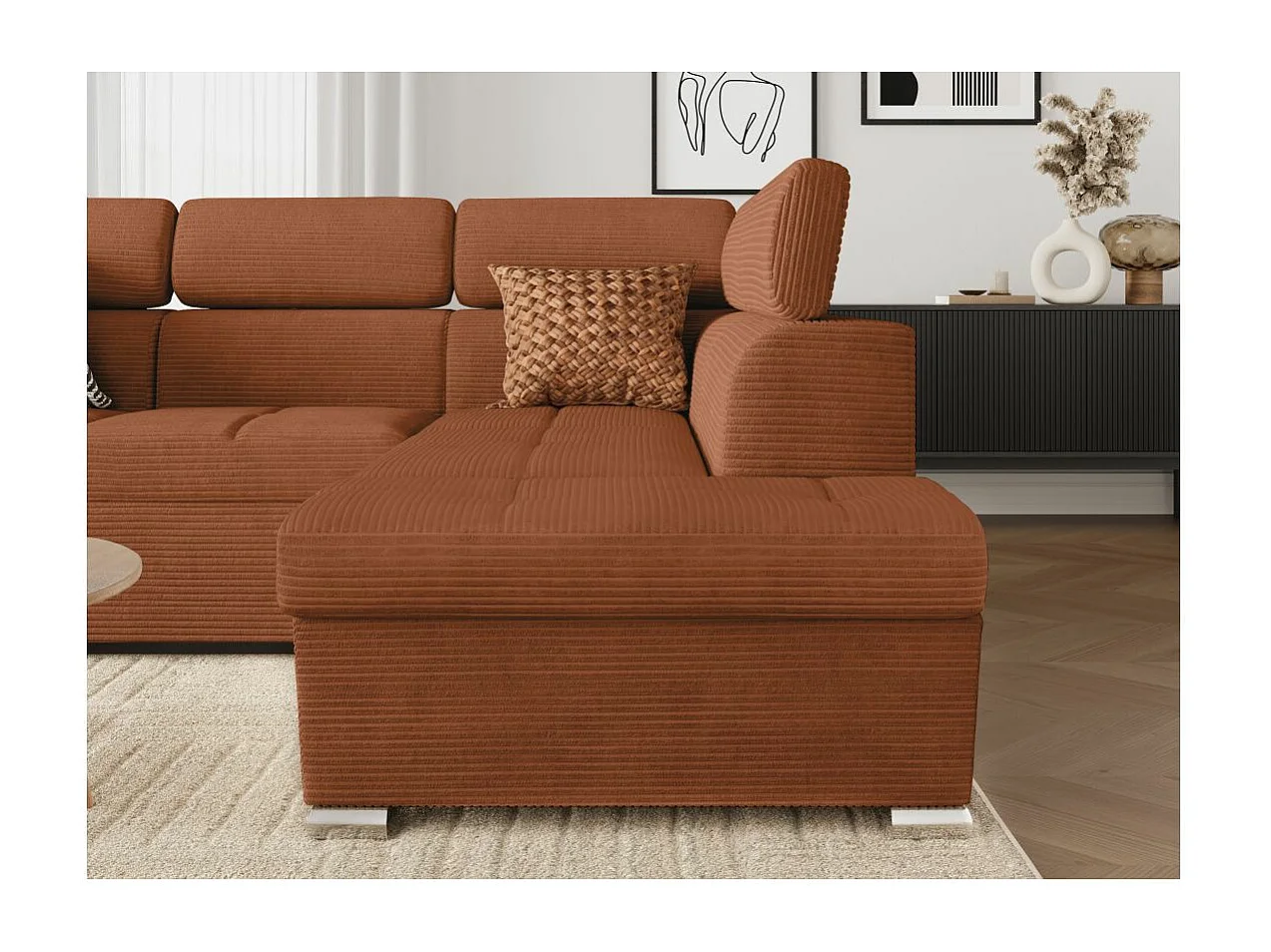 Canapé d'angle droit 4 places Paola convertible avec coffre en velours côtelé - Terracotta - L252 x P188 x H76cm - Loungitude