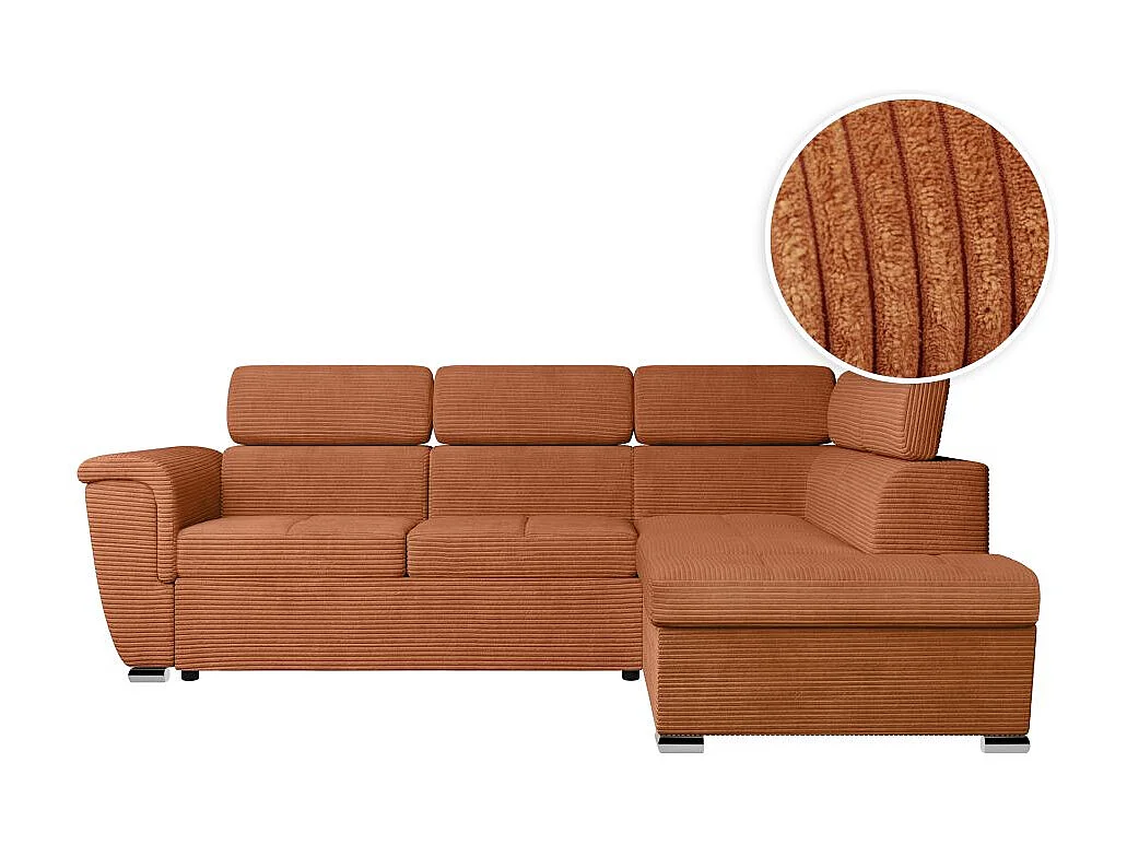 Canapé d'angle droit 4 places Paola convertible avec coffre en velours côtelé - Terracotta - L252 x P188 x H76cm - Loungitude