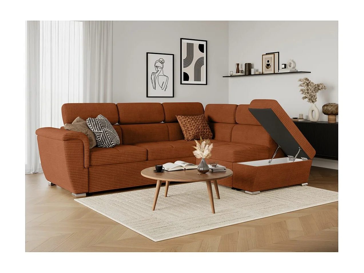 Canapé d'angle droit 4 places Paola convertible avec coffre en velours côtelé - Terracotta - L252 x P188 x H76cm - Loungitude