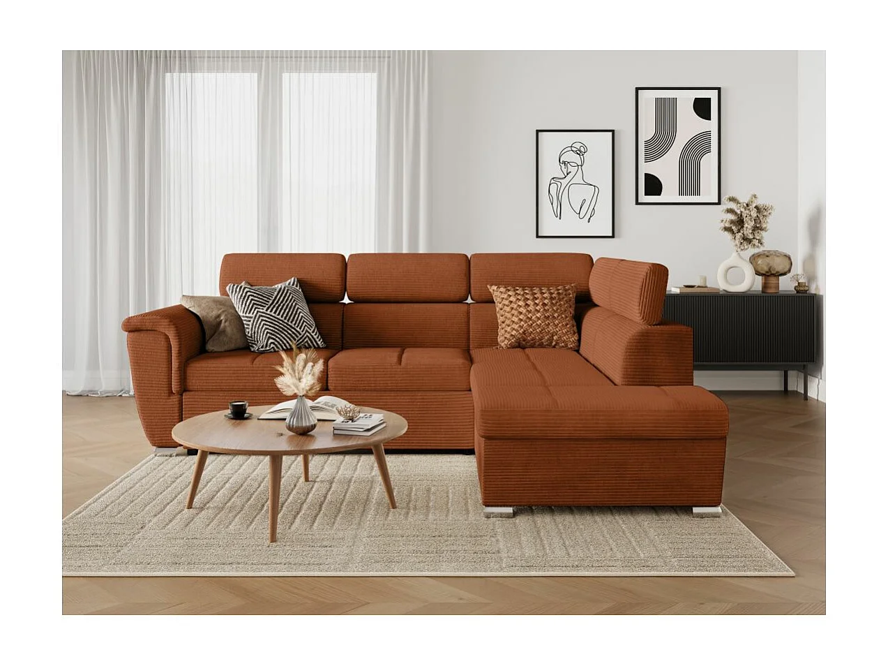 Canapé d'angle droit 4 places Paola convertible avec coffre en velours côtelé - Terracotta - L252 x P188 x H76cm - Loungitude