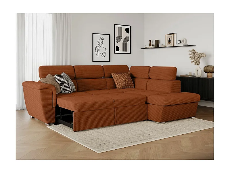 Canapé d'angle droit 4 places Paola convertible avec coffre en velours côtelé - Terracotta - L252 x P188 x H76cm - Loungitude