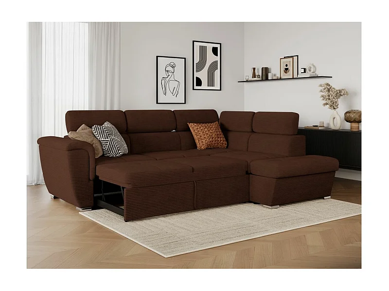 Canapé d'angle droit 4 places Paola convertible avec coffre en velours côtelé - Marron - L252 x P188 x H76cm - Loungitude
