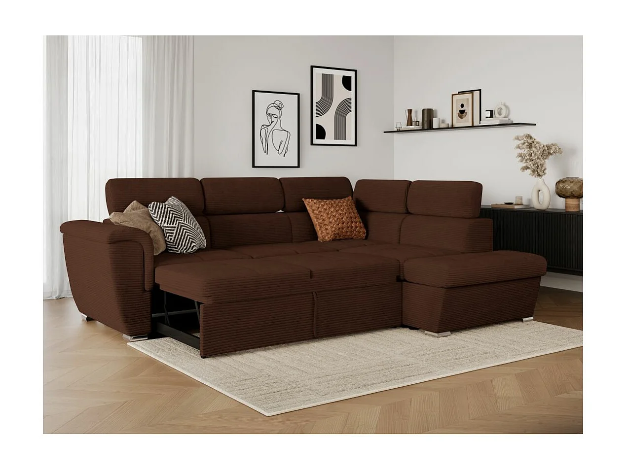 Canapé d'angle droit 4 places Paola convertible avec coffre en velours côtelé - Marron - L252 x P188 x H76cm - Loungitude
