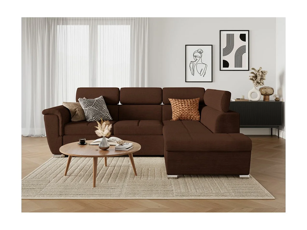 Canapé d'angle droit 4 places Paola convertible avec coffre en velours côtelé - Marron - L252 x P188 x H76cm - Loungitude