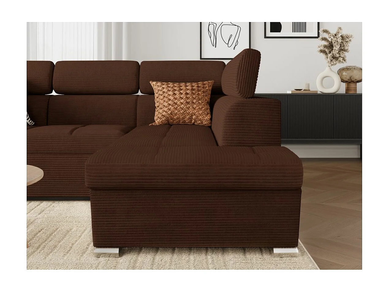Canapé d'angle droit 4 places Paola convertible avec coffre en velours côtelé - Marron - L252 x P188 x H76cm - Loungitude