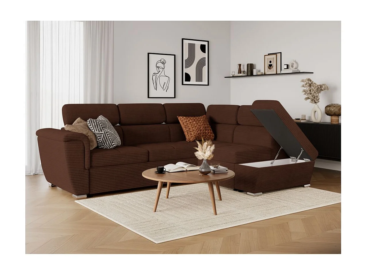 Canapé d'angle droit 4 places Paola convertible avec coffre en velours côtelé - Marron - L252 x P188 x H76cm - Loungitude
