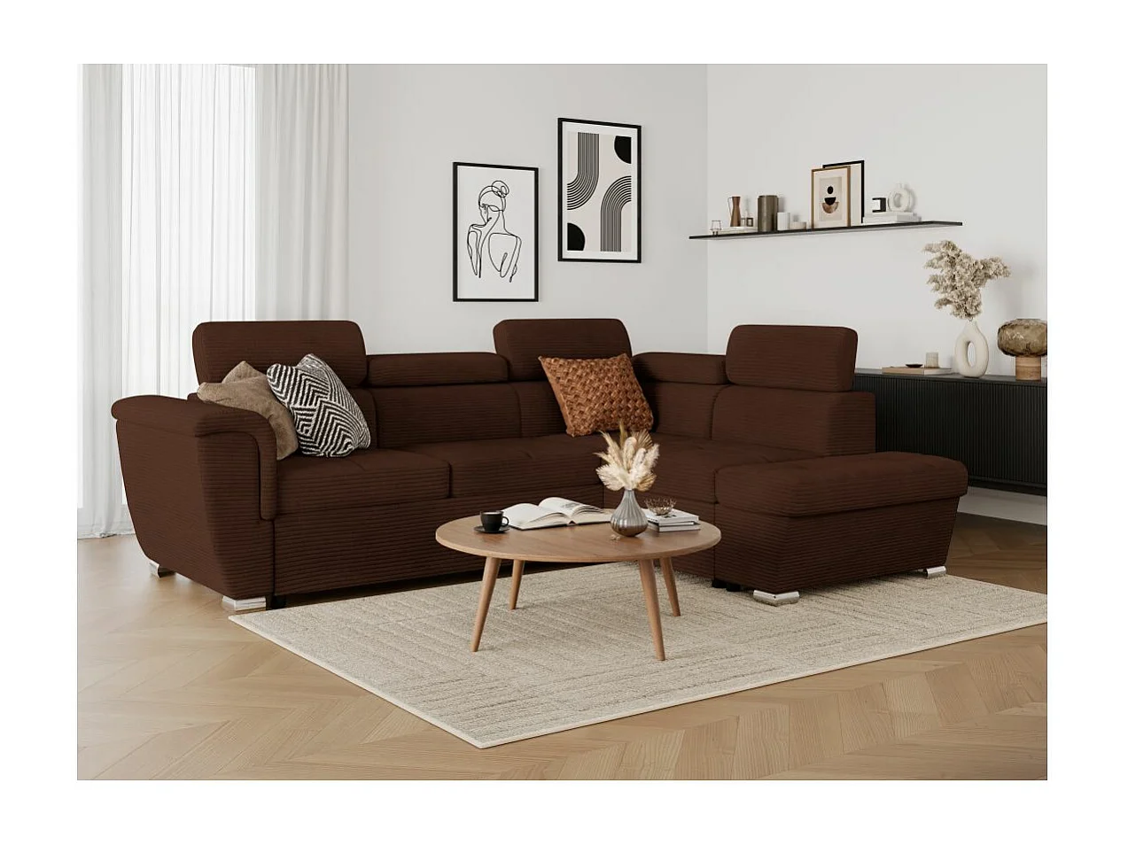 Canapé d'angle droit 4 places Paola convertible avec coffre en velours côtelé - Marron - L252 x P188 x H76cm - Loungitude