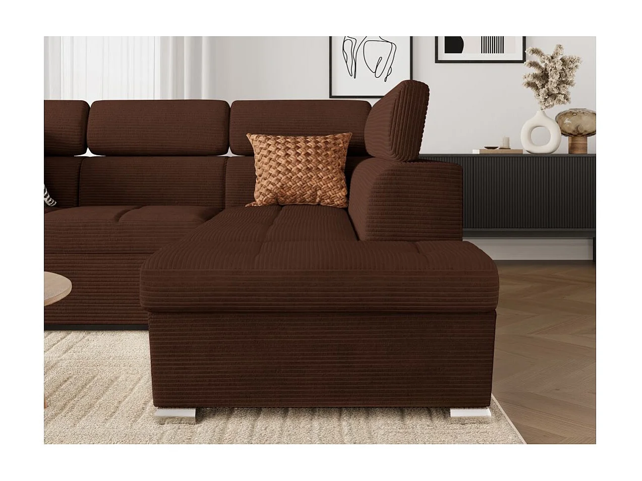 Canapé d'angle droit 4 places Paola convertible avec coffre en velours côtelé - Marron - L252 x P188 x H76cm - Loungitude