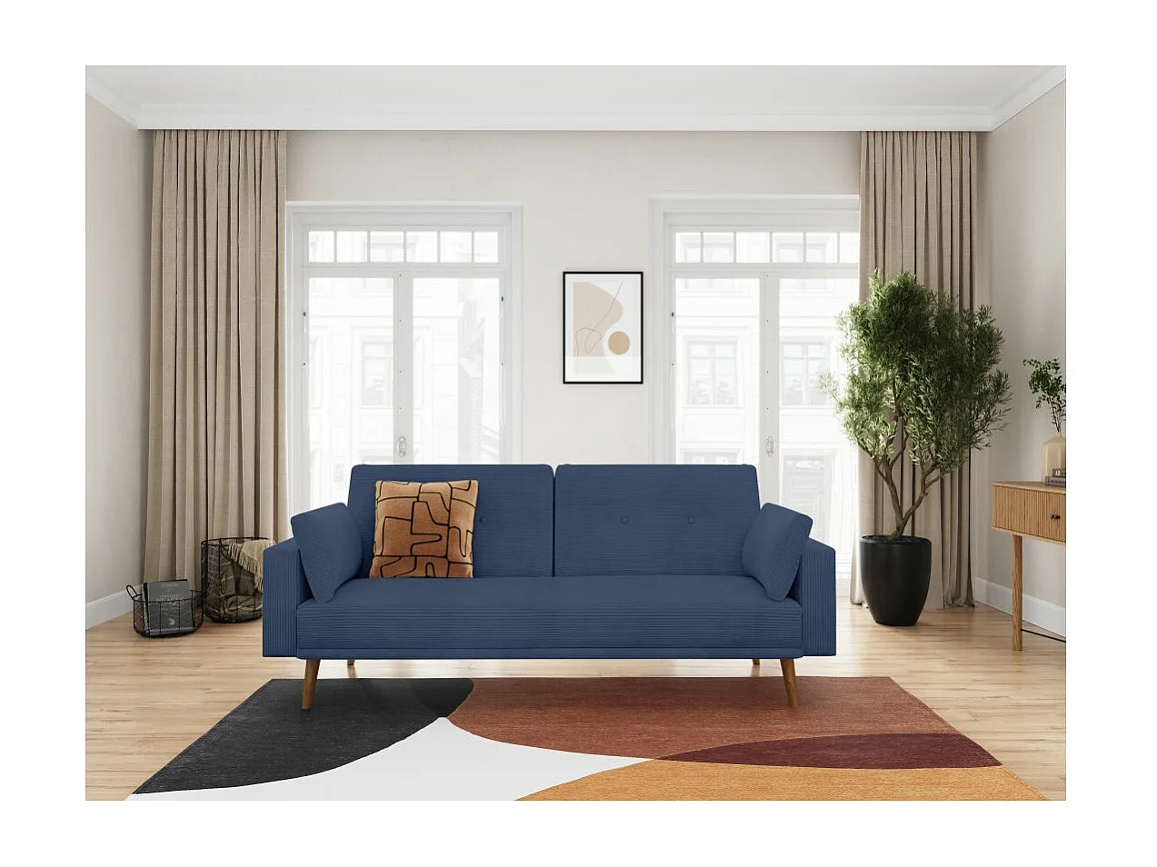 Canapé droit scandinave Elga convertible 3 places en velours côtelé - Bleu foncé - L205 x P85 x H87cm - Loungitude