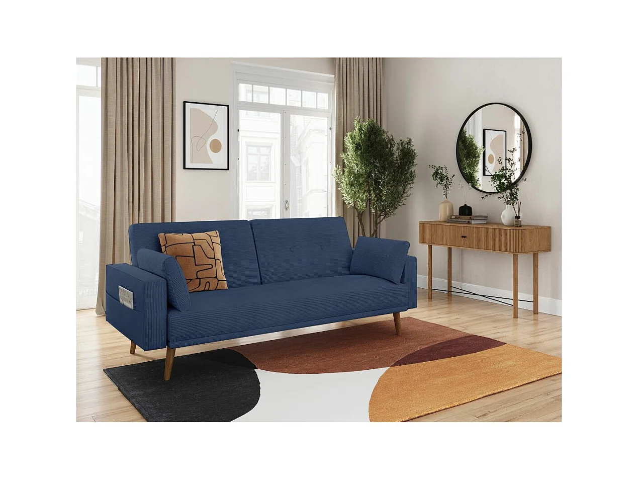 Canapé droit scandinave Elga convertible 3 places en velours côtelé - Bleu foncé - L205 x P85 x H87cm - Loungitude
