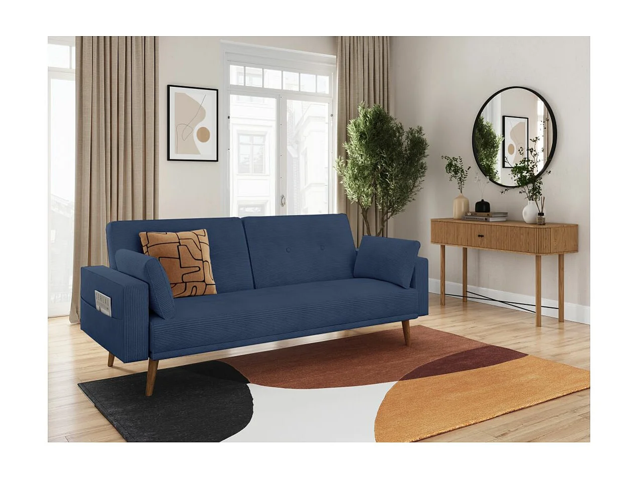 Canapé droit scandinave Elga convertible 3 places en velours côtelé - Bleu foncé - L205 x P85 x H87cm - Loungitude