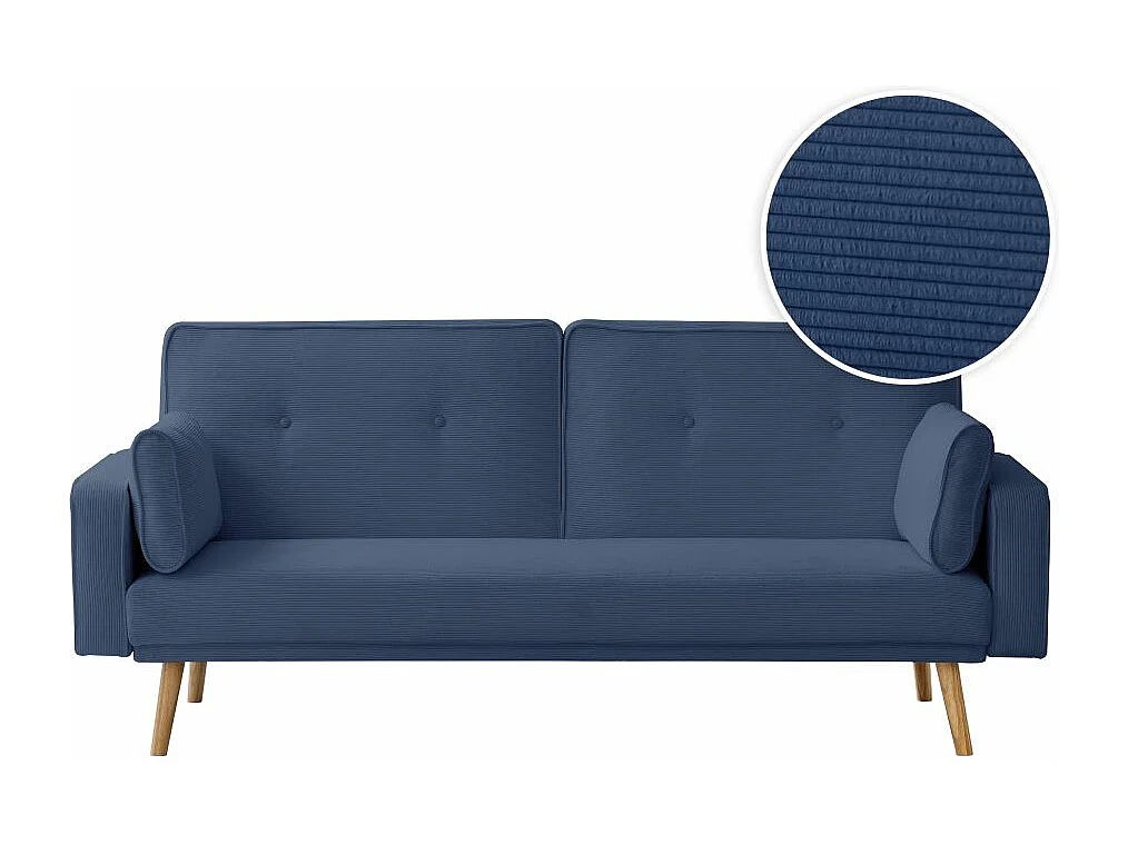 Canapé droit scandinave Elga convertible 3 places en velours côtelé - Bleu foncé - L205 x P85 x H87cm - Loungitude
