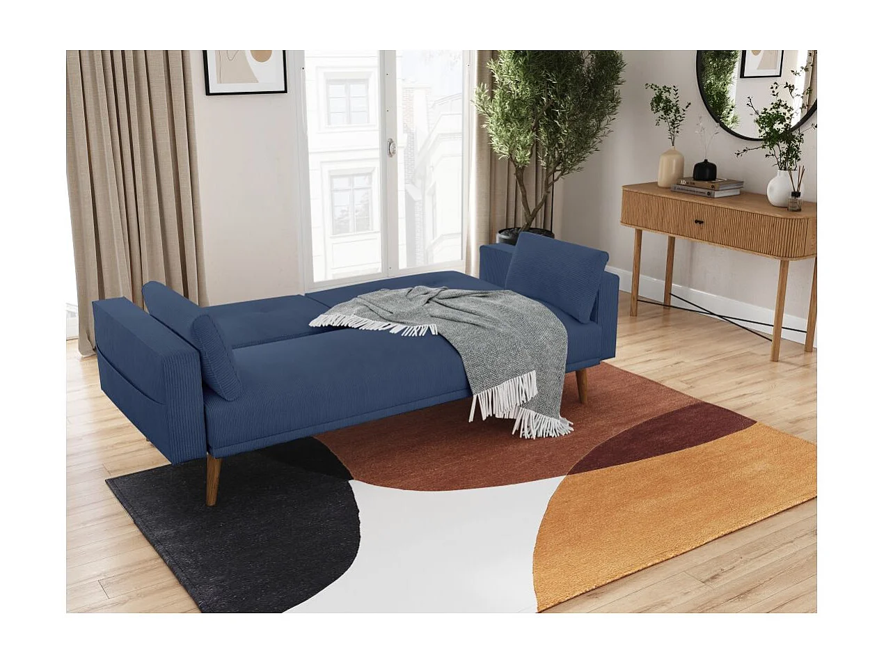 Canapé droit scandinave Elga convertible 3 places en velours côtelé - Bleu foncé - L205 x P85 x H87cm - Loungitude