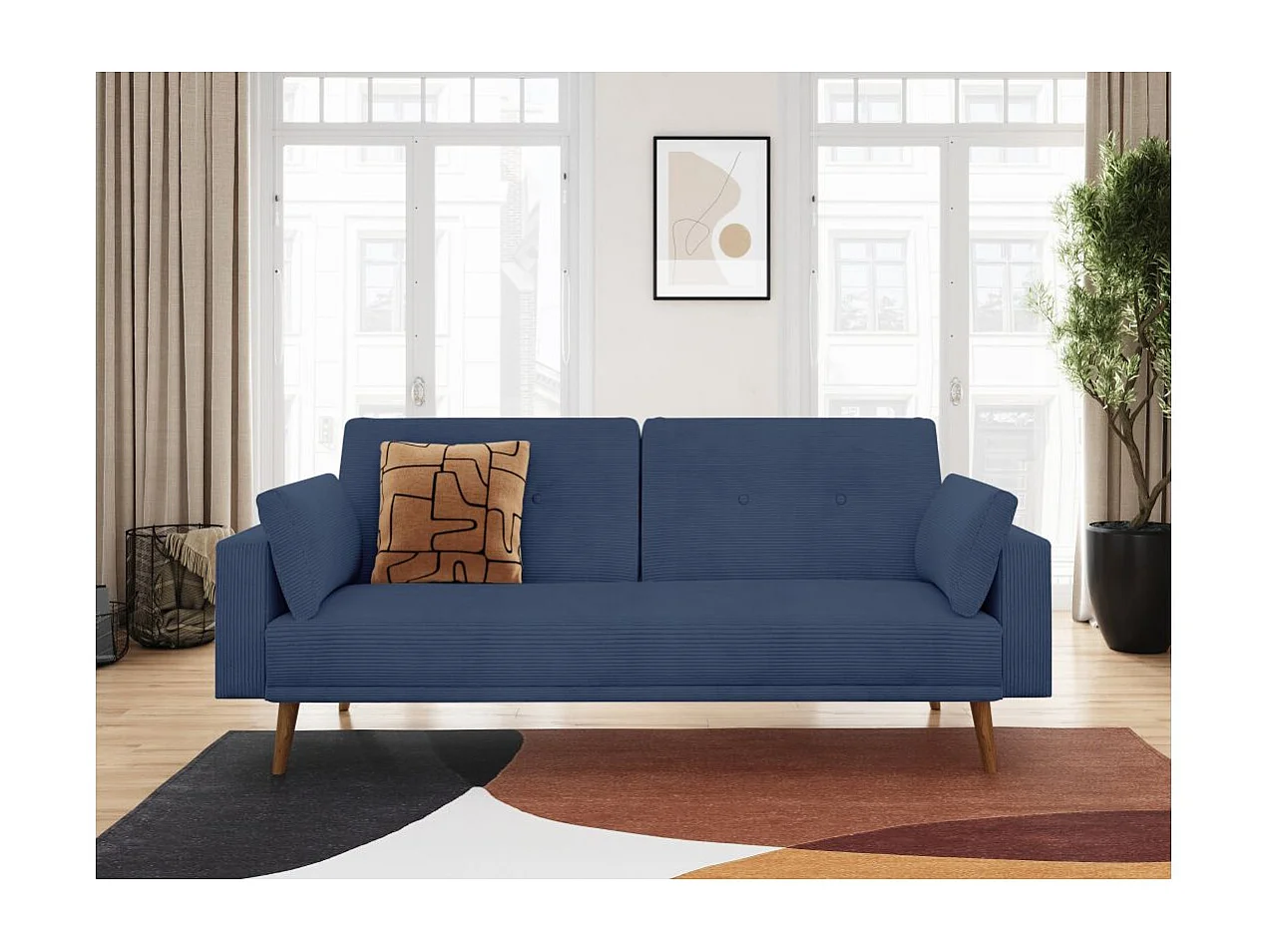 Canapé droit scandinave Elga convertible 3 places en velours côtelé - Bleu foncé - L205 x P85 x H87cm - Loungitude