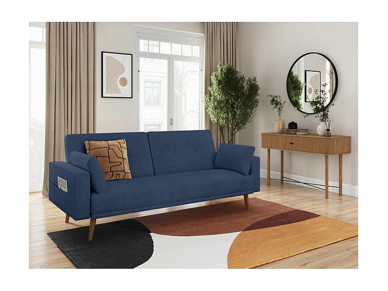 Canapé droit scandinave Elga convertible 3 places en velours côtelé - Bleu foncé - L205 x P85 x H87cm - Loungitude