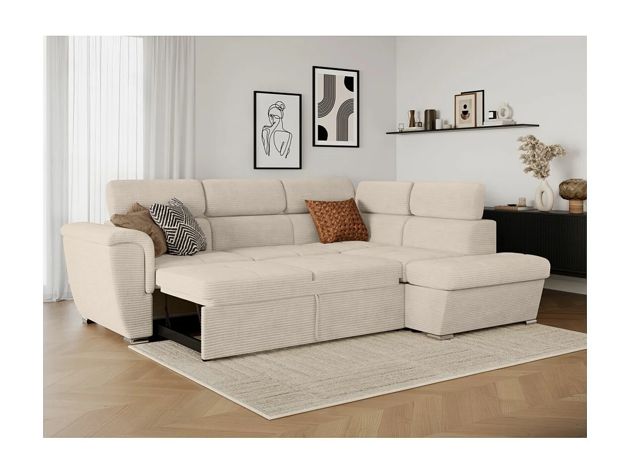 Canapé d'angle droit 4 places Paola convertible avec coffre en velours côtelé - Beige - L252 x P188 x H76cm - Loungitude