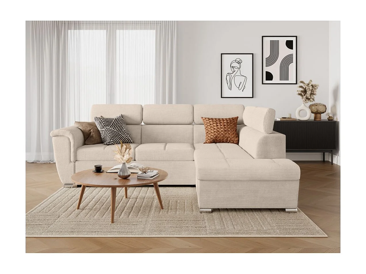 Canapé d'angle droit 4 places Paola convertible avec coffre en velours côtelé - Beige - L252 x P188 x H76cm - Loungitude