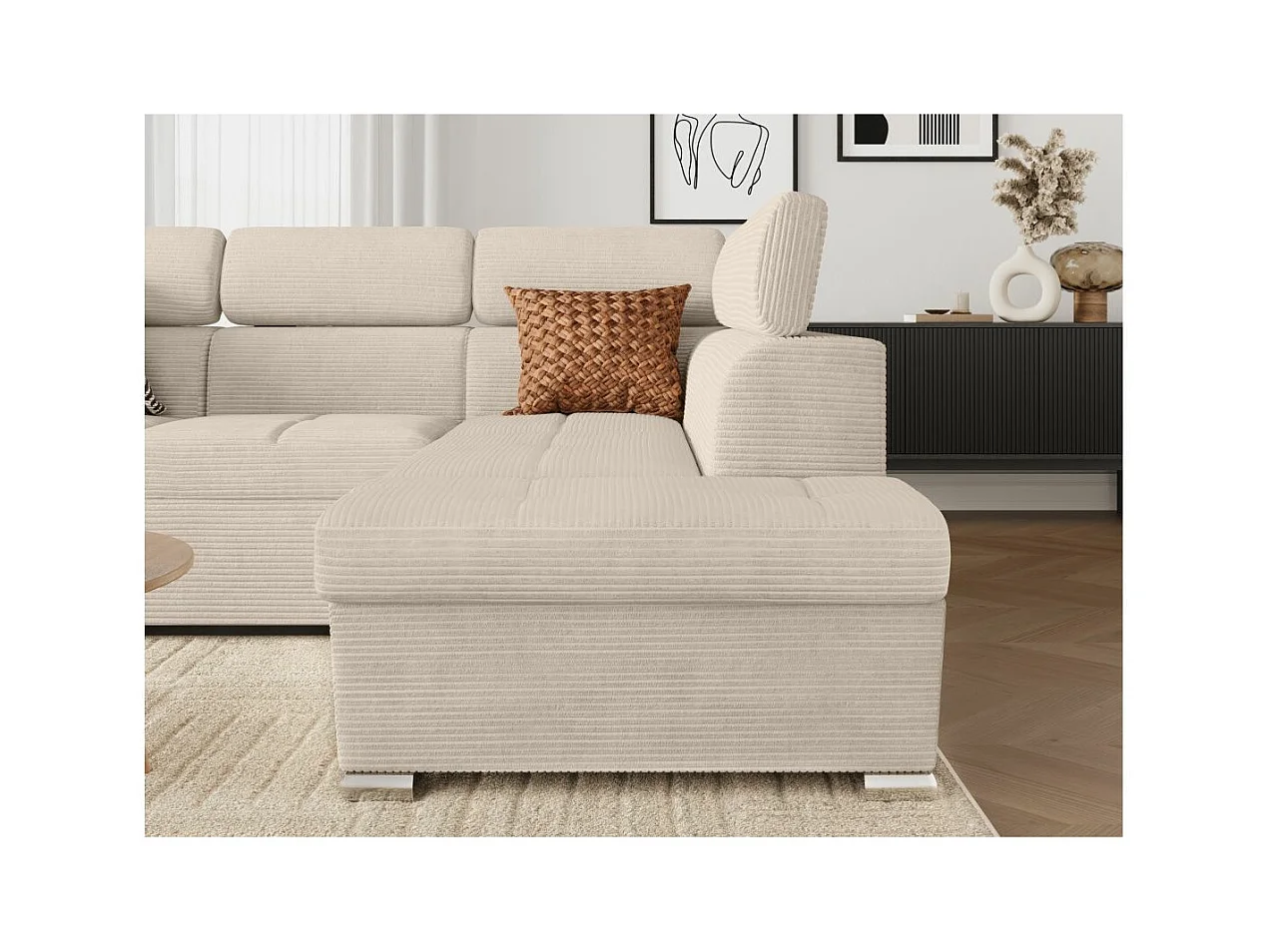 Canapé d'angle droit 4 places Paola convertible avec coffre en velours côtelé - Beige - L252 x P188 x H76cm - Loungitude