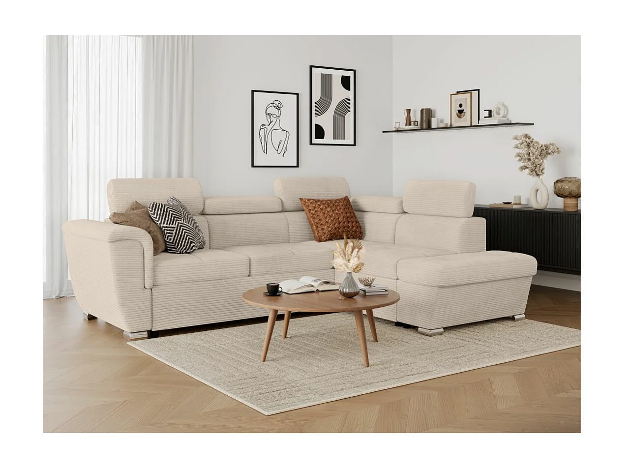 Canapé d'angle droit 4 places Paola convertible avec coffre en velours côtelé - Beige - L252 x P188 x H76cm - Loungitude