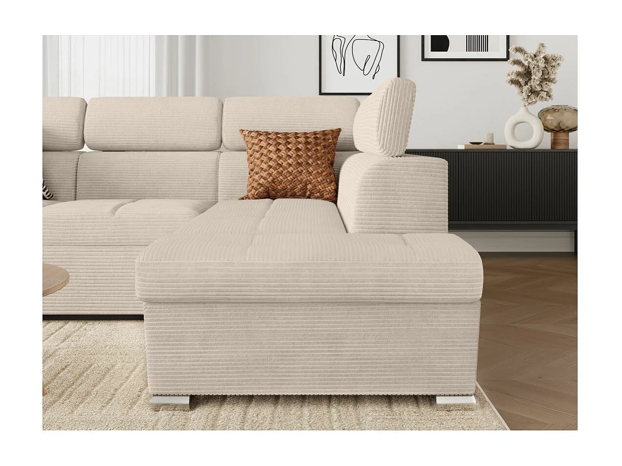 Canapé d'angle droit 4 places Paola convertible avec coffre en velours côtelé - Beige - L252 x P188 x H76cm - Loungitude